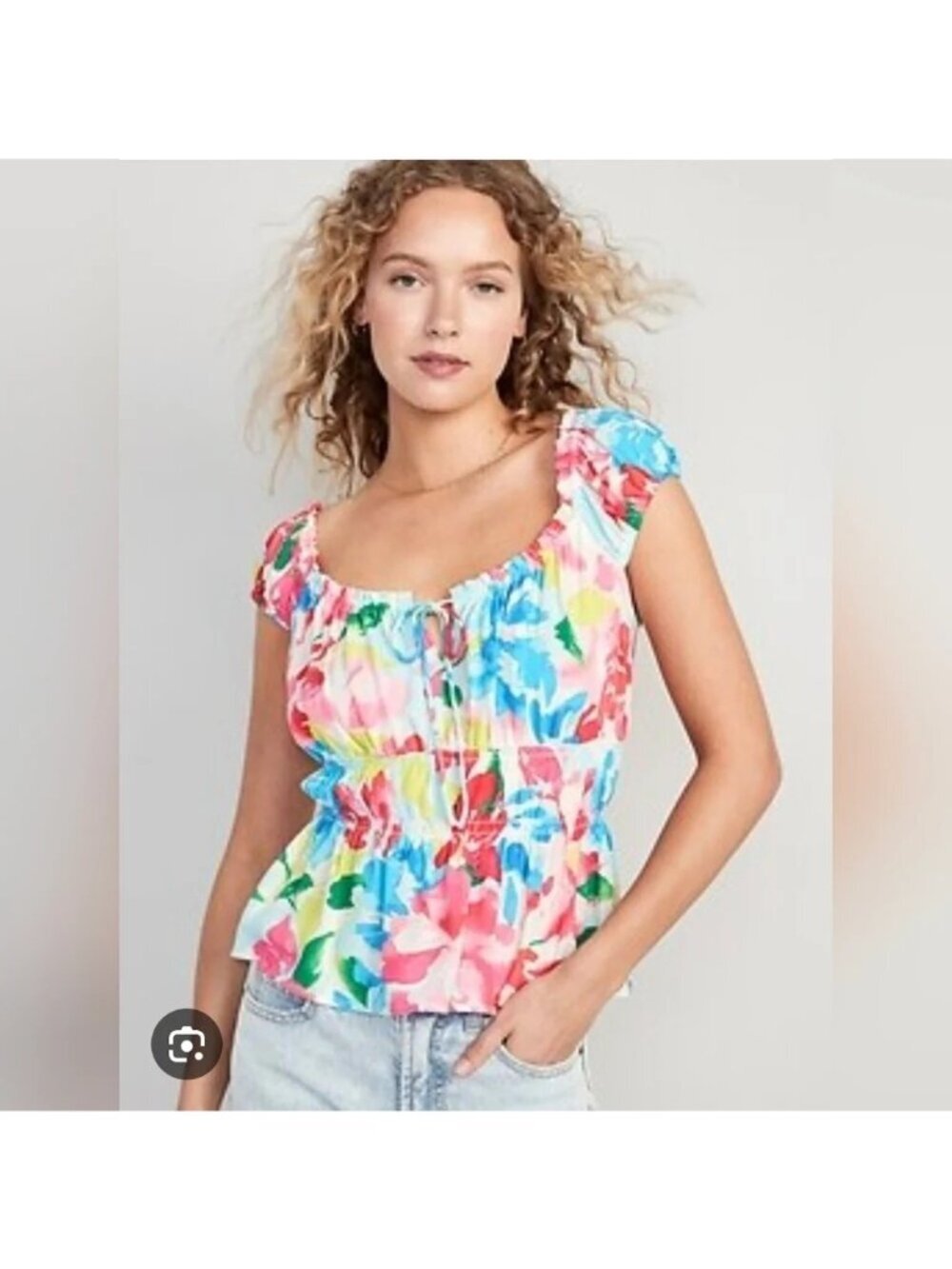 Old Navy M Floral Stretch Tie-Neck Blouse Vibrant Colors Lightweight & Elastic W